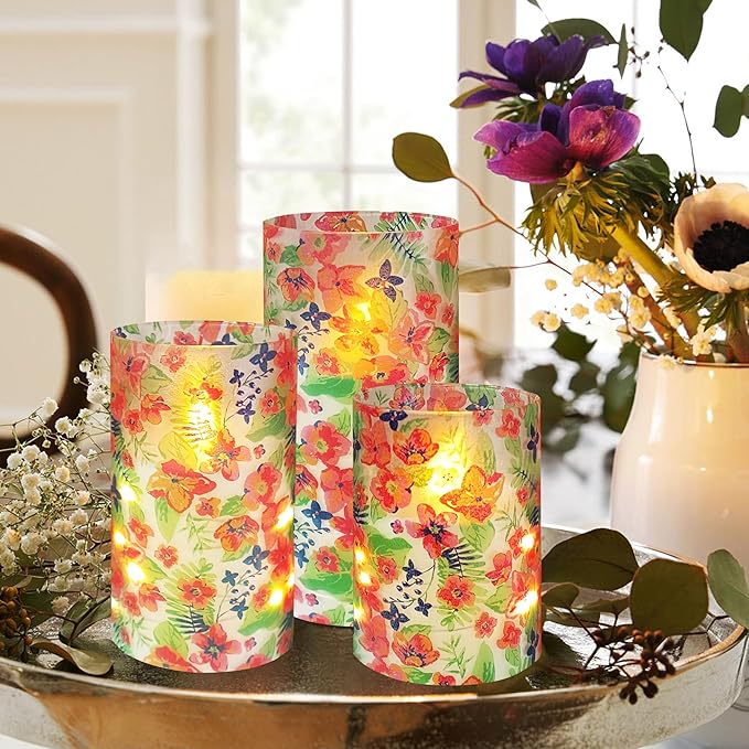 Flickering Flameless Candles Tropical Flower Print Embedded Star String Lights, Battery Operated Acrylic LED Pillar Candles with 11-Key Remote and Timer for Home Decoration, 3 Pack