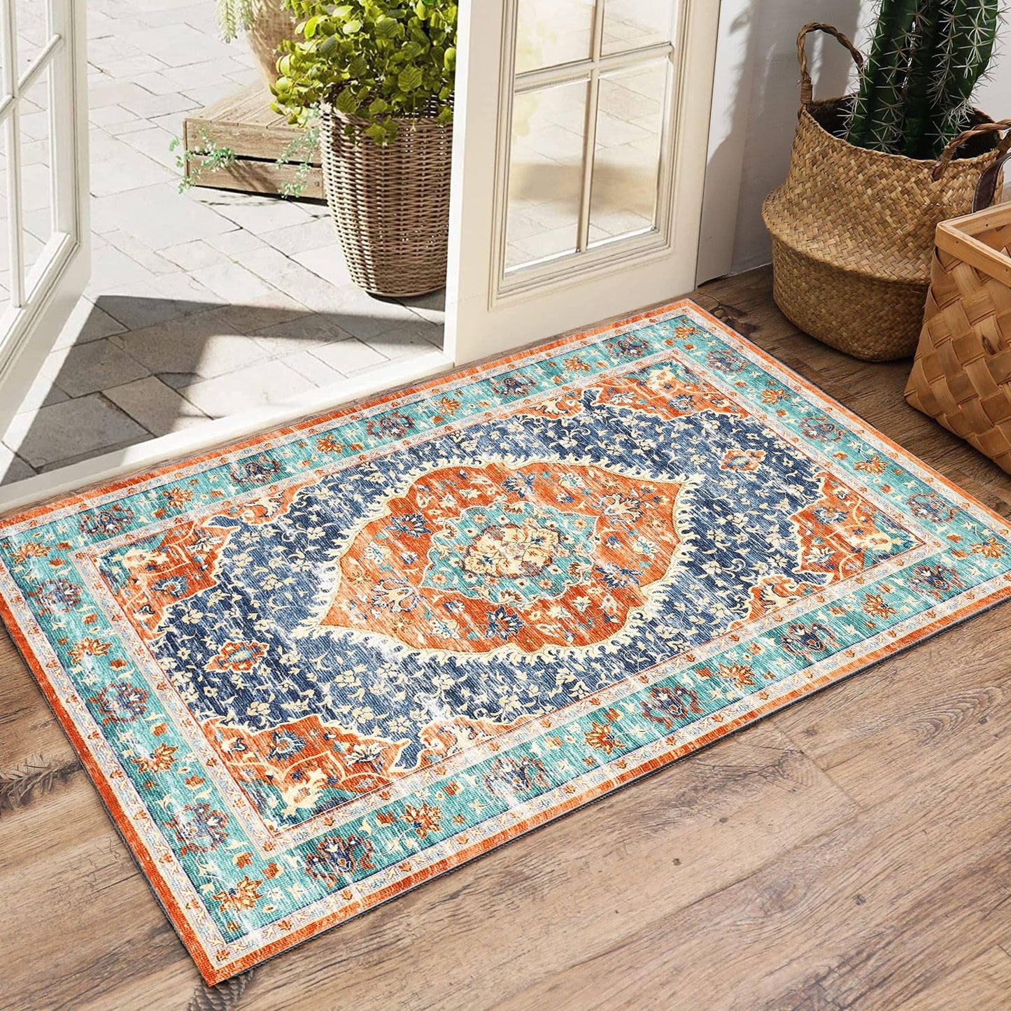 Garvee 5x7 Ft Low Pile Soft Retro Accent Rug, Boho Carpet, Washable Rugs, Stain Resistant, Non Slip Waterproof Carpet, for Entryway, Bedroom, Dinning Room, Red & Blue