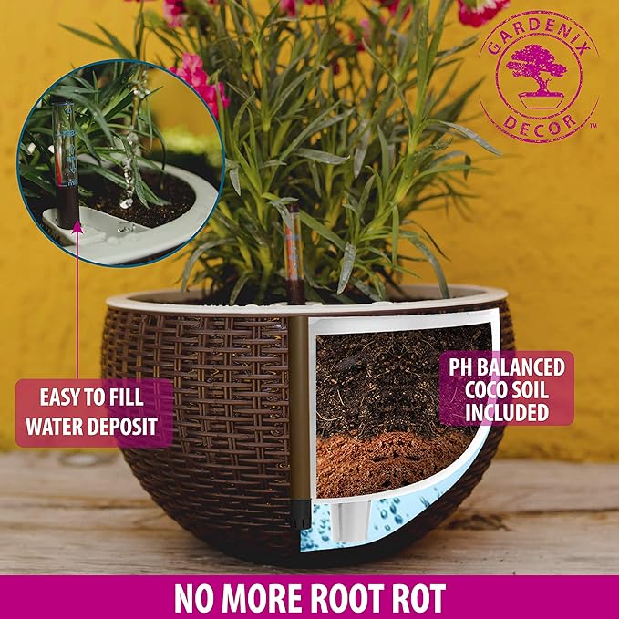 GARDENIX DECOR Self Watering Hanging Planter, 11'' Indoor, Brown, Coco Coir, with Water Level Indicator, Round, 1 Pack