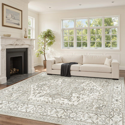 Area Rugs for Living Room - 9x12, Boho Non-Slip Low Pile Carpet Machine Washable Rugs for Bedroom, Farmhouse, Office, Dining Room (Beige)