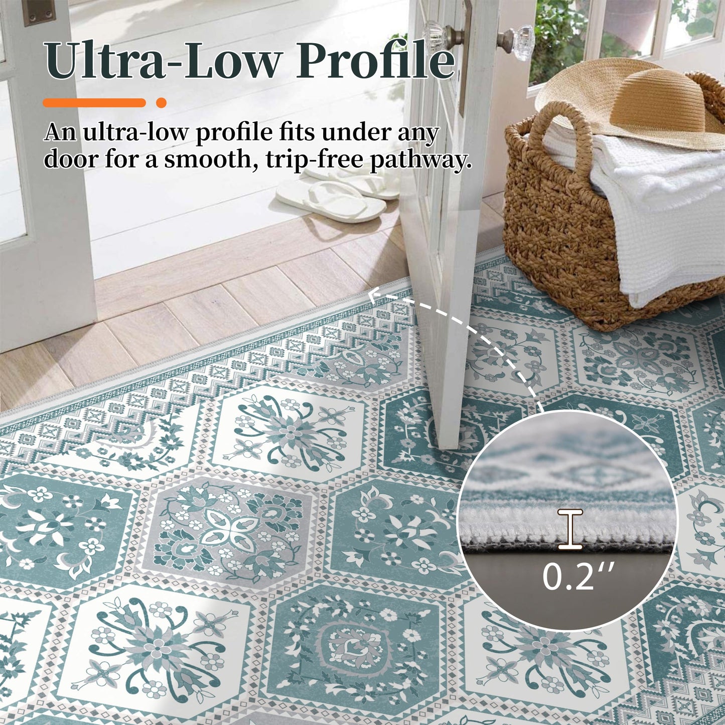 TTelephant 2x3 Washable Entryway Rugs, Soft Non-Slip Boho Moroccan Rug, Low-Pile Printed Indoor Teal Throw Rugs for Entrance, Kitchen, Bedroom Bedside- Teal