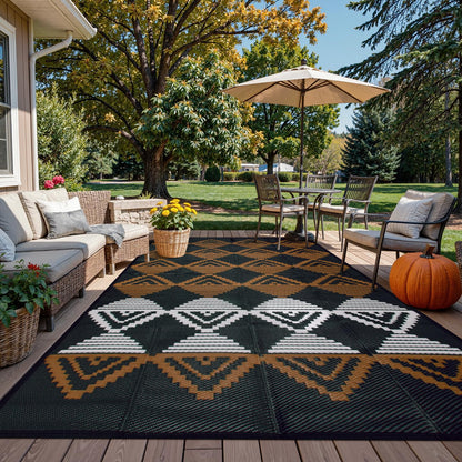 Beeiva Outdoor Rug 8x10 Waterproof for Patio, Reversible Outdoor Patio Rug for Deck, Backyard, RV Camping, Plastic Straw Rug Black Brown