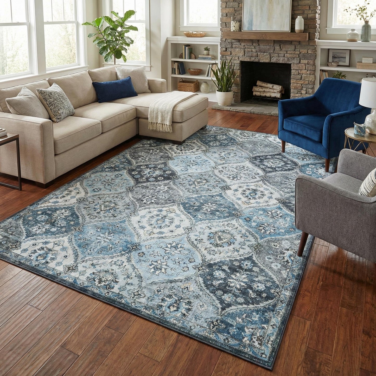 Garvee Living Room Rug 8x10 Washable Rug Trellis Rugs for Bedroom Non Slip Low Pile Indoor Carpet Soft Non-Shedding Foldable Thin Mat for Bedroom Dining Room Farmhouse Kids Playroom Office Blue