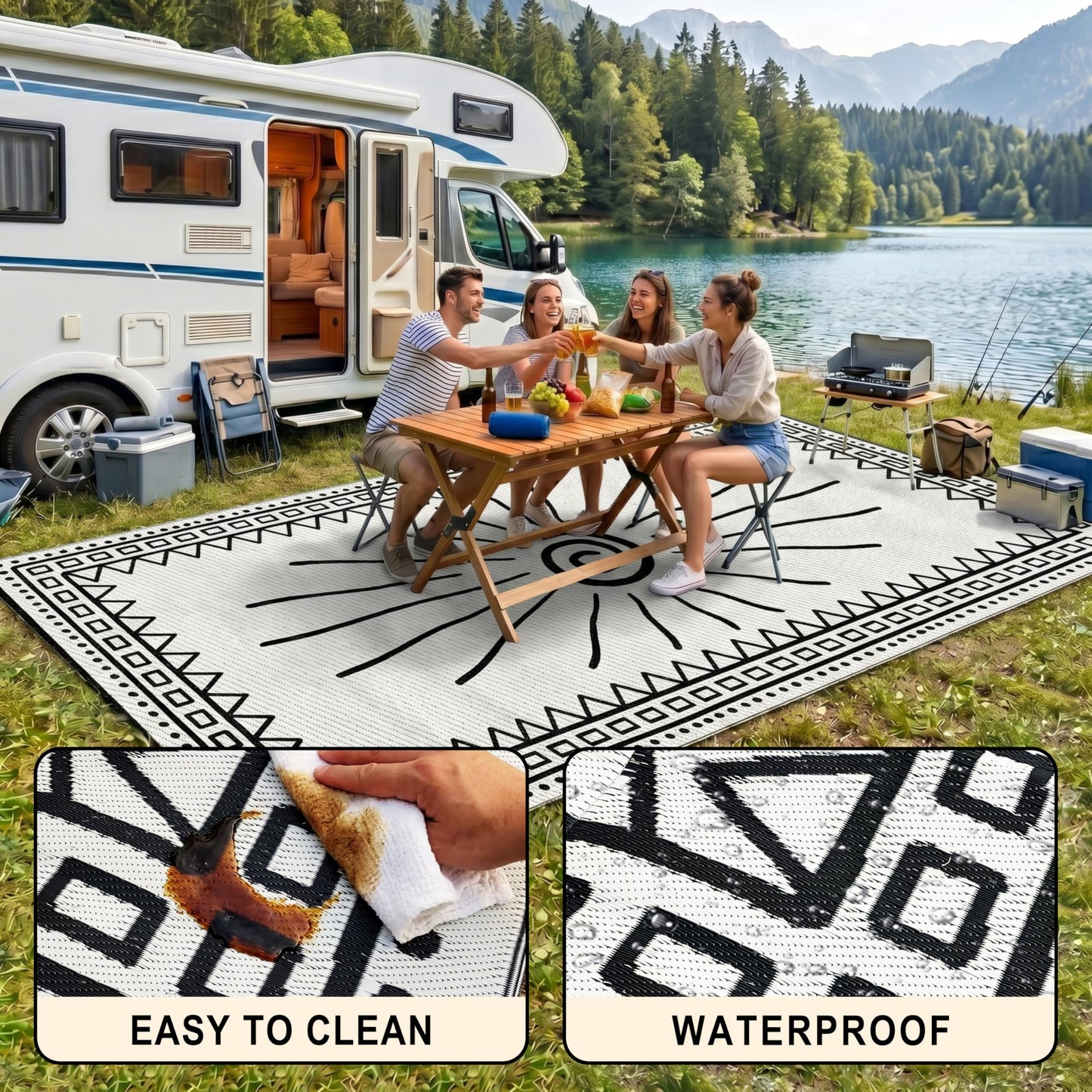 CircleRoad RV Outdoor Rug 9x12 Waterproof Patio Rug Mat with 4 Stakes UV Resistant Reverisble Plastic Straw Outdoor Rug with Carry Bag for RV Camping Picnic Beach