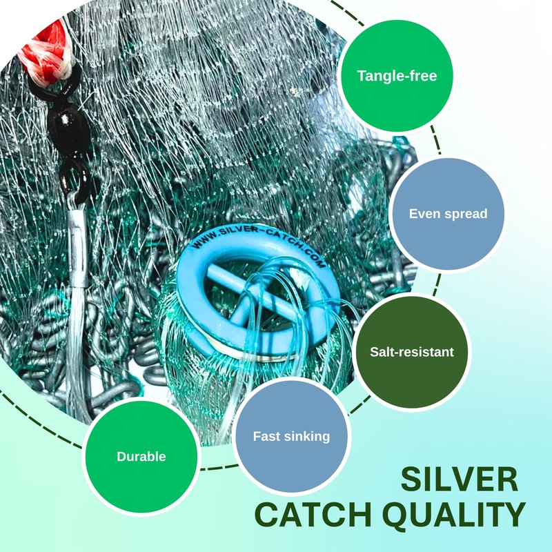 Silver Catch Cast Nets 5ft Radius|1/2 Inch Mesh for Fishing with Chain Bottom, Salt Water Casting Fishing Net Gear, Easy Throw Nets Fishing Bait in 4.5ft-10ft Radius|3/8",1/2",1" Mesh - Elite Series