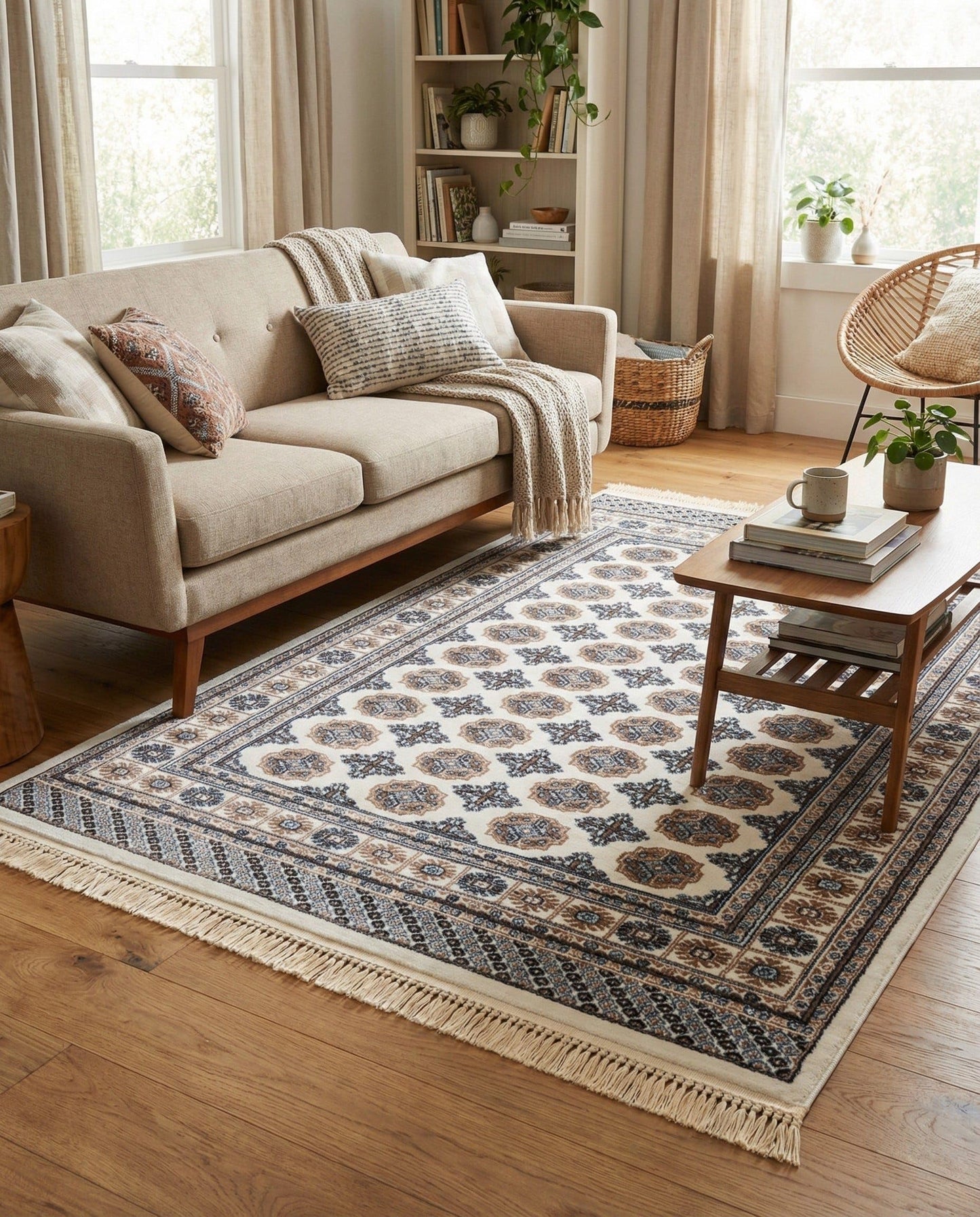 Rugs.com - Bokhara Rug – 4' 1 x 6' 1 Ivory Easy-Clean Stain-Resistant Area Rug – Modern Geometric Design with Fringe, Perfect for Living Rooms, Entryways, and Offices