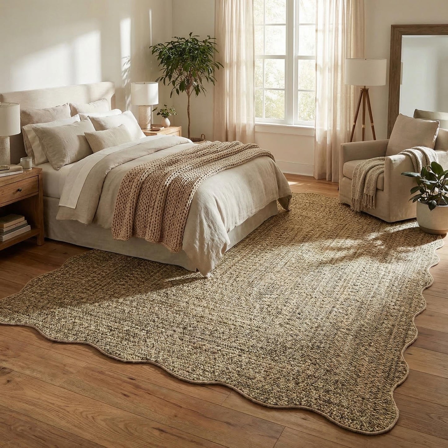 MilleLoom Scalloped Braided Print Washable Rug 8x10 Area Rugs for Living Room Soft Bedroom Rug Stain-Resistant Rustic Foldable Mat Non Slip Low Pile Carpet for Dining Nursery Cottage Office Natural