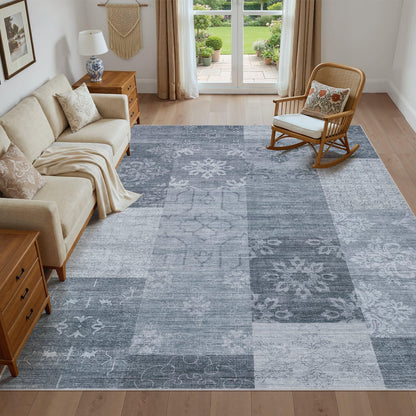 UERMEI 8x10 Area Rug Washable, Blue Modern Geometric Rugs for Living Room, Non-Slip Patchwork Carpet, Stain Resistant Low-Pile Foldable Rug for Bedroom Dining Room