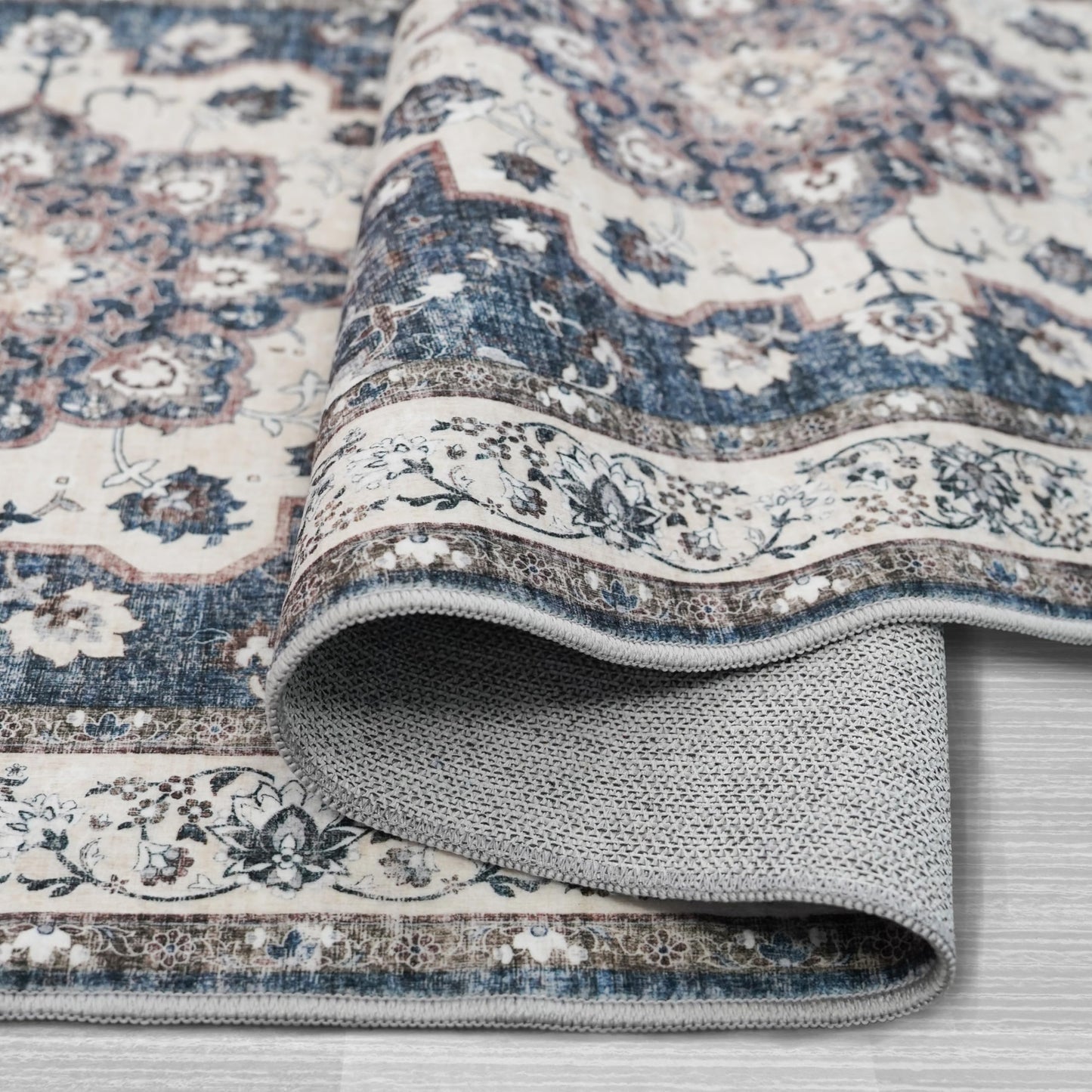 Washable Living Room Area Rug - 9 x 12 Stain Resistant Medallion Soft Bedroom Rugs Distressed Design Non Shedding Floor Carpet Durable Easy-Clean Low Pile Rug Comfortable Home Decor (9x12 Blue)