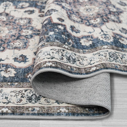 Washable Living Room Area Rug - 9 x 12 Stain Resistant Medallion Soft Bedroom Rugs Distressed Design Non Shedding Floor Carpet Durable Easy-Clean Low Pile Rug Comfortable Home Decor (9x12 Blue)