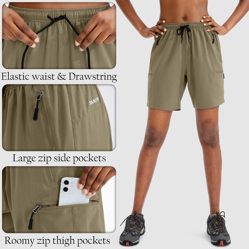 SANTINY Women's 5''/ 7''/9'' Hiking Cargo Shorts Quick Dry Lightweight Summer Shorts for Women Athletic Golf Zipper Pockets(Dusty Khaki_M)