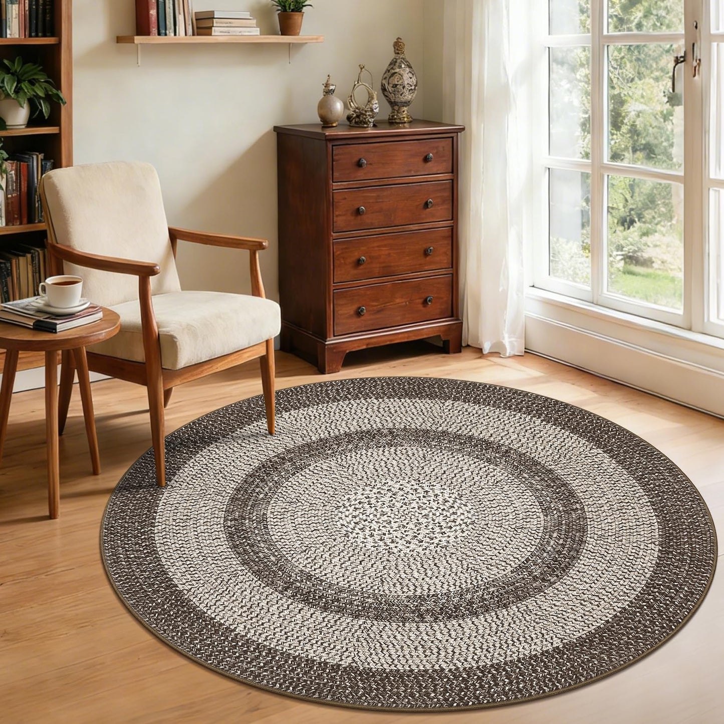 Modern Bordered Round Area Rug 4ft Washable Bedroom Circle Rugs Non Slip Stain Resistant Dining Room Round Throw Carpet Contemporary Circle Mats for Living Room Kitchen Nursery, Mocha