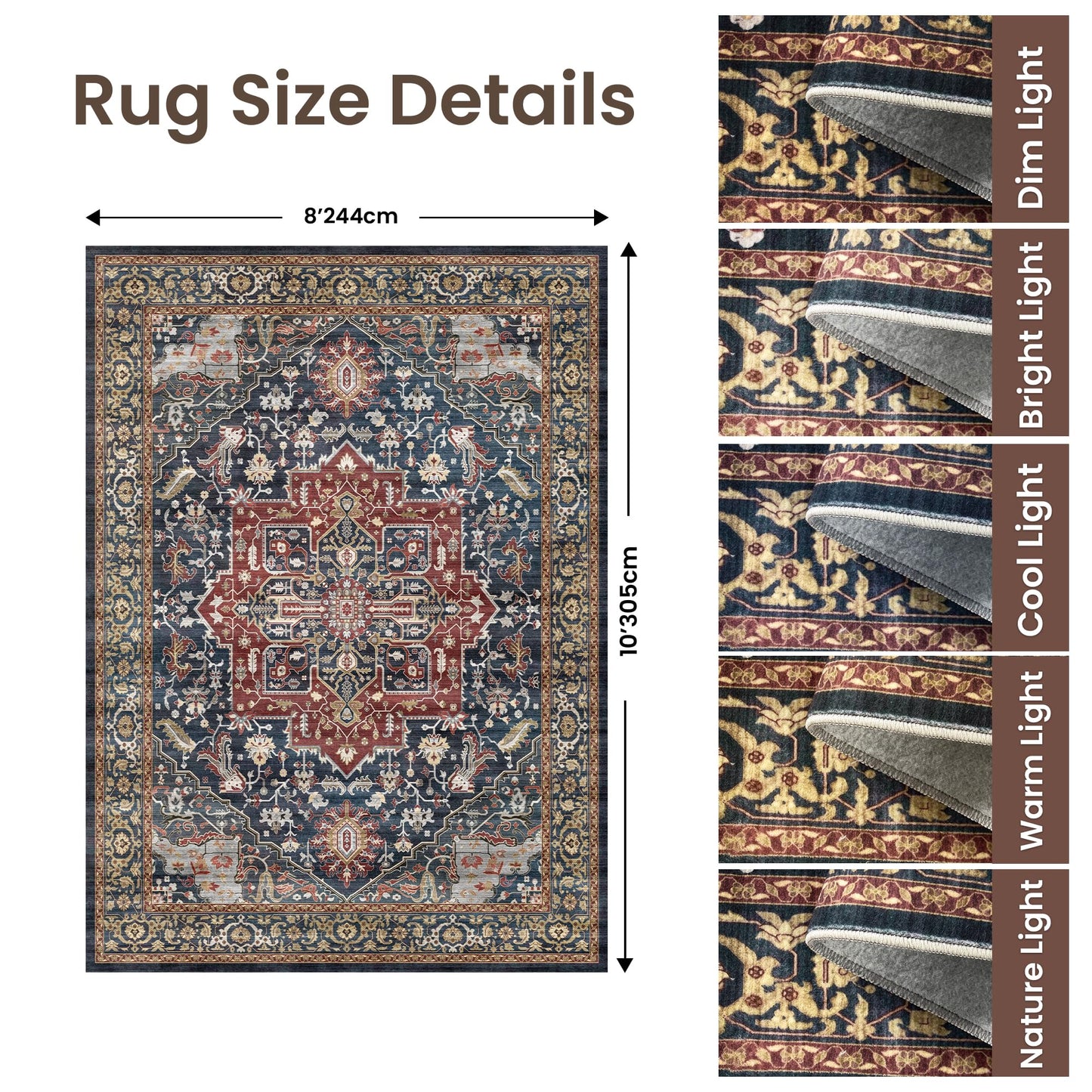 Rugland 8x10 Area Rugs - Stain Resistant Washable Rug, Anti Slip Rugs for Living Room, Vintage Tribal Area Rugs(Medallion 01-Rust/Blue, 8'x10')