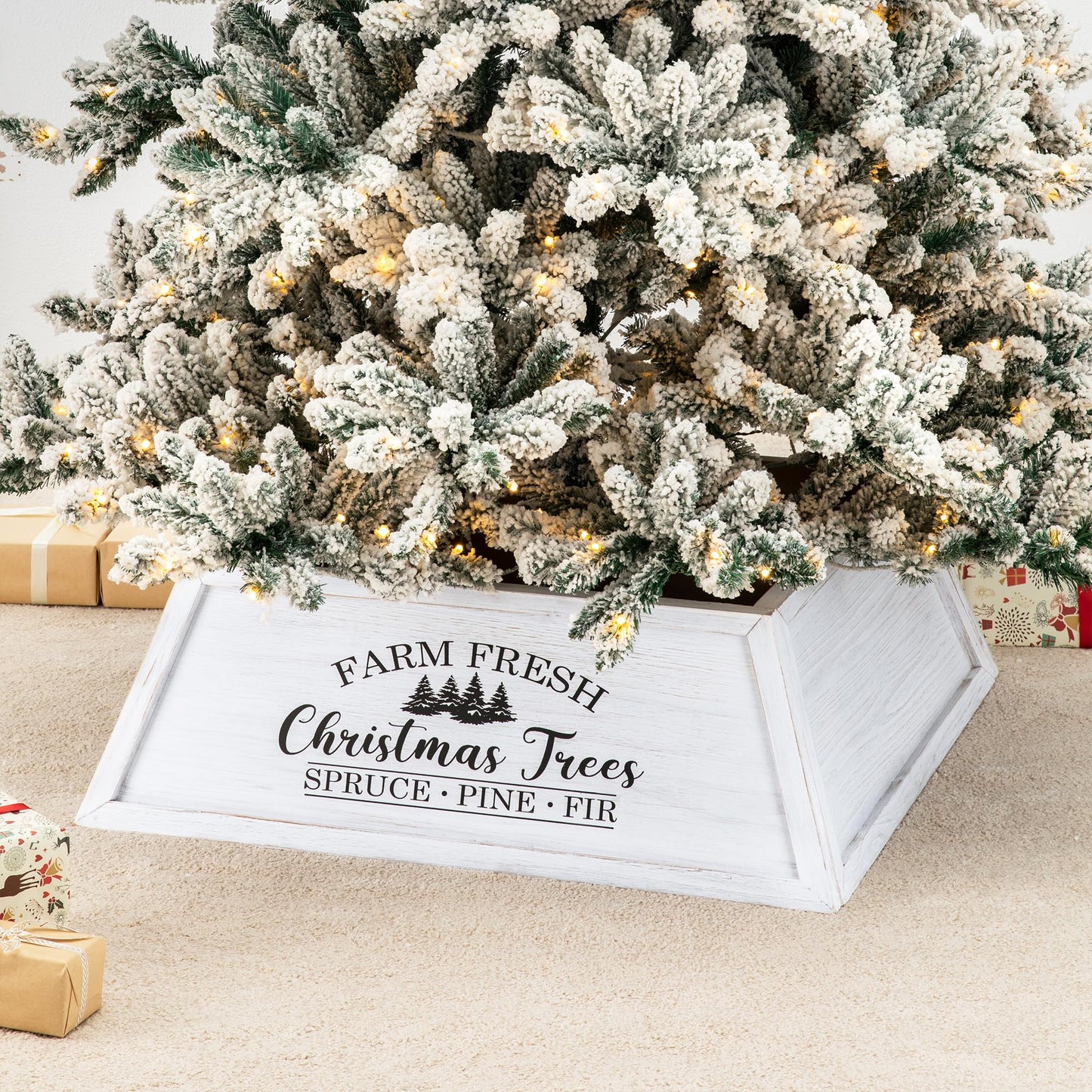 Glitzhome 26 inch Wooden Trapezoid Christmas Tree Collar, Washed White Farmhouse Stand Cover for 9ft Holiday Decor, Rustic Ring for Artificial or Real Trees, Easy Assembly & Storage