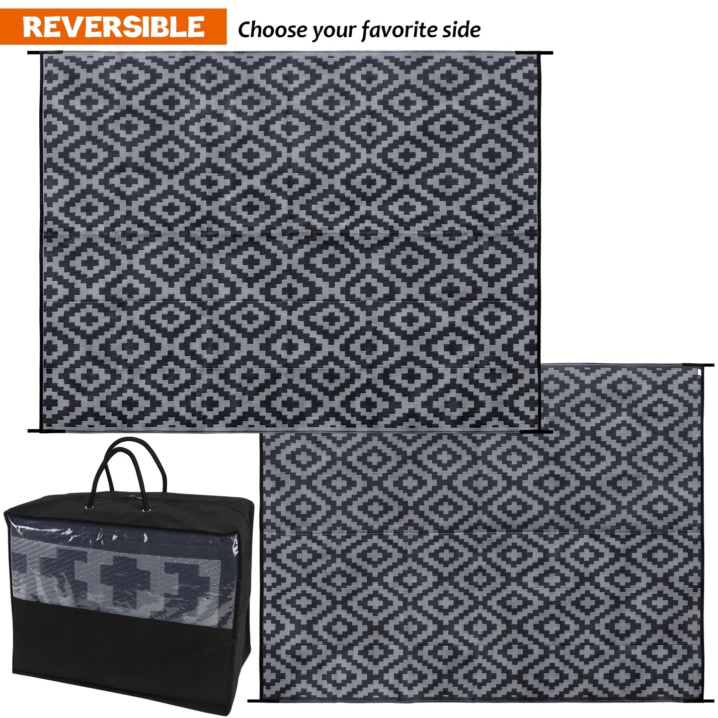 SAND MINE Waterproof Outdoor Rug 8x10 ft, Plastic Reversible Rug, Modern Area Rug, Large Floor Mat for Outdoors, RV, Patio, Backyard, Deck, Picnic, Beach, Camping (8' x 10', Black Grey Lattice)