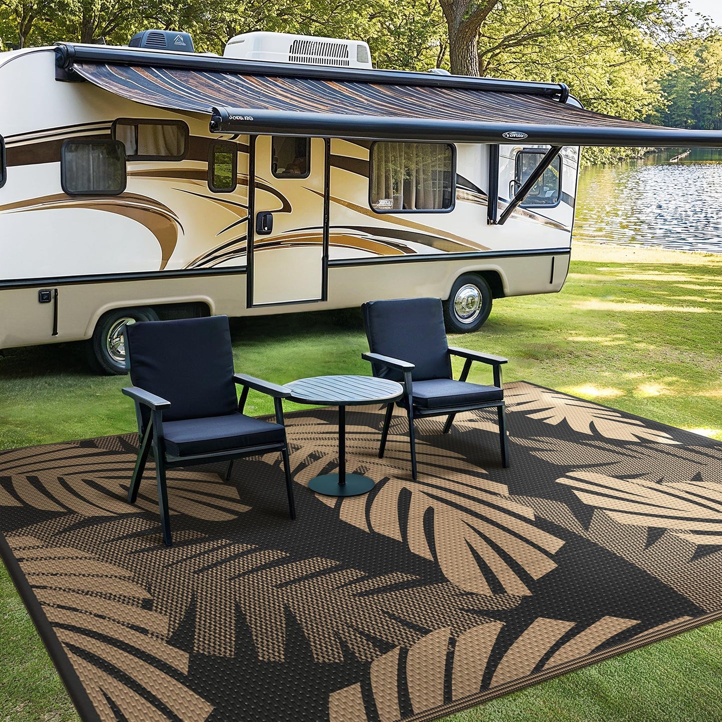GENIMO Waterproof Outdoor Rug 5' x 8' for Patio Decor, Reversible Plastic Straw Area Rugs for Camping Clearance, RV Mat, Large Outside Carpet for Porch, Deck, Picni, Balcony, Garden, Black & Brown