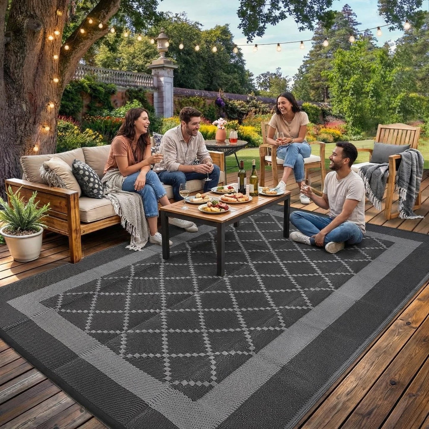 GAOMON Patio Rug 9x18 Waterproof Outdoor Plastic Straw Rug Reversible Camping Mat, Foldable Portable RV Picnic Carpet with Bag & 4 Stakes, UV Resistant Outside Carpet for Deck Balcony, Black&Grey
