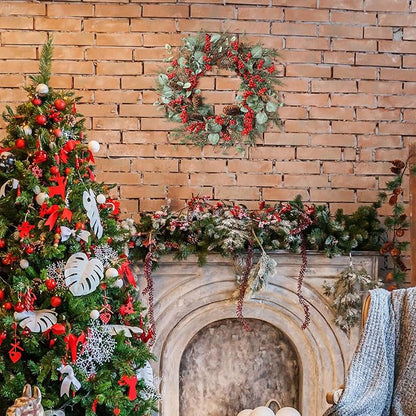 YNYLCHMX 22 Inch Winter Wreath for Front Door, Winter Wreath with Eucalyptus Leaves Red Berry Pine Cones Pine Needle, Artificial Door Wreaths for Indoor Farmhouse Holiday Decoration