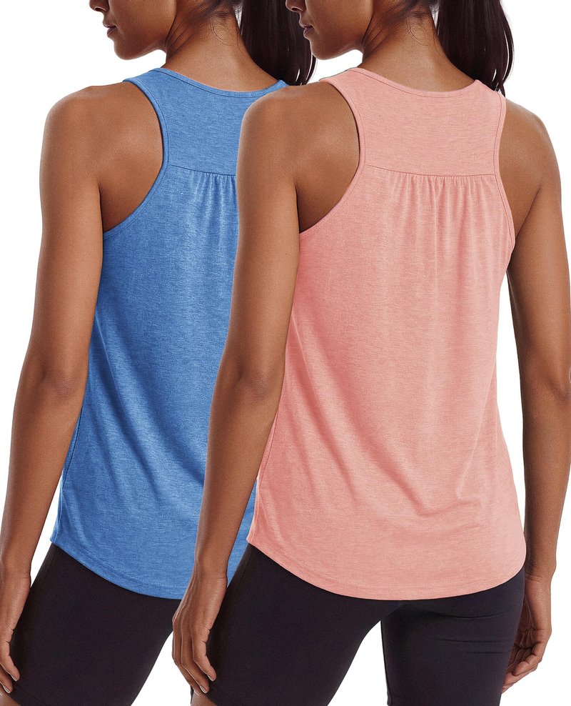 PINSPARK Athletic Tank Tops for Women Sleeveless Racerback Workout Shirts Lightweight Running Tennis Pickleball Outfits 2 Pieces,Blue/Coral L
