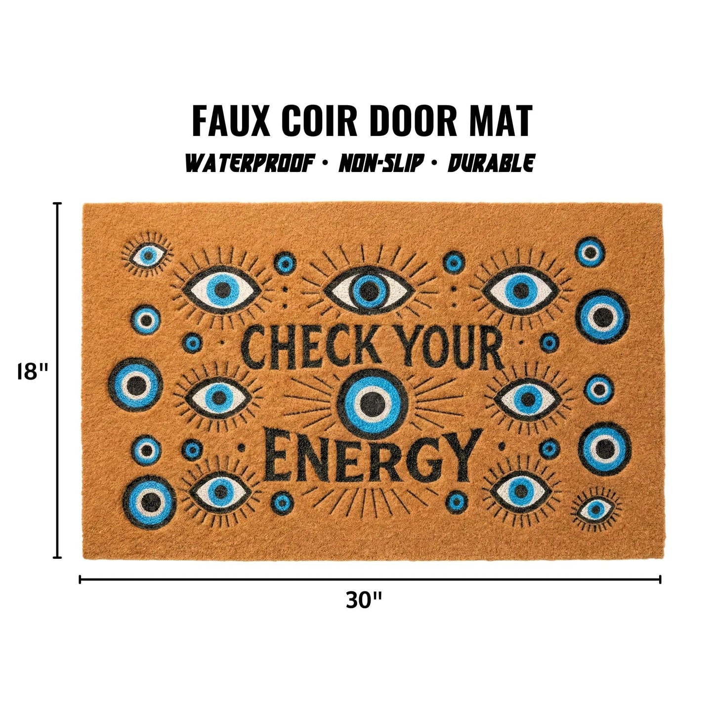 SAIONJI Check Your Energy with Evil Eye 30" x 18" Faux Coir Welcome Mat, Non-Slip Rubber Backing, Waterproof & Durable