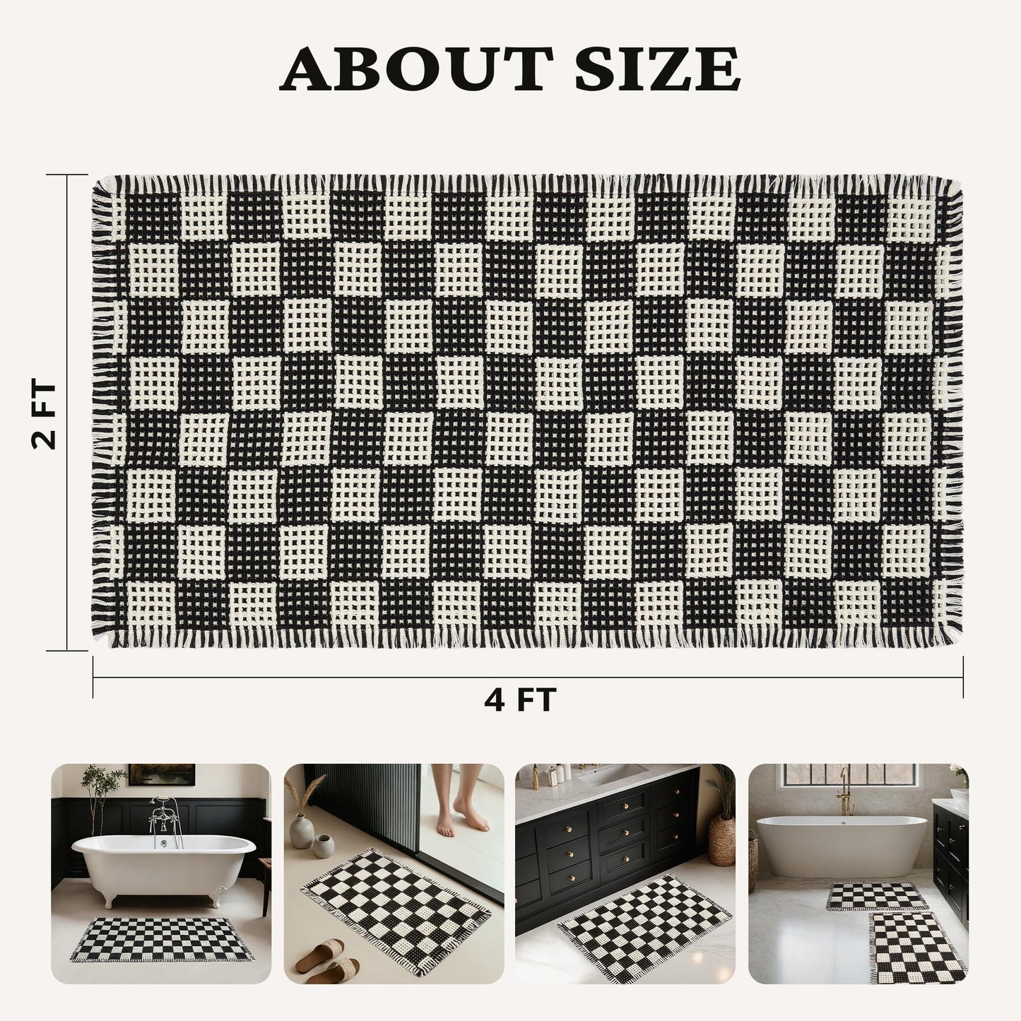 MatEssenz Checkered Runner Rug 2'x4', Black and White Waffle Weave Long Bathroom Rug with Tassels, Non-Slip & Quick Dry Bath Mat for Double Vanity & Kitchen, Machine Washable Boho Decor