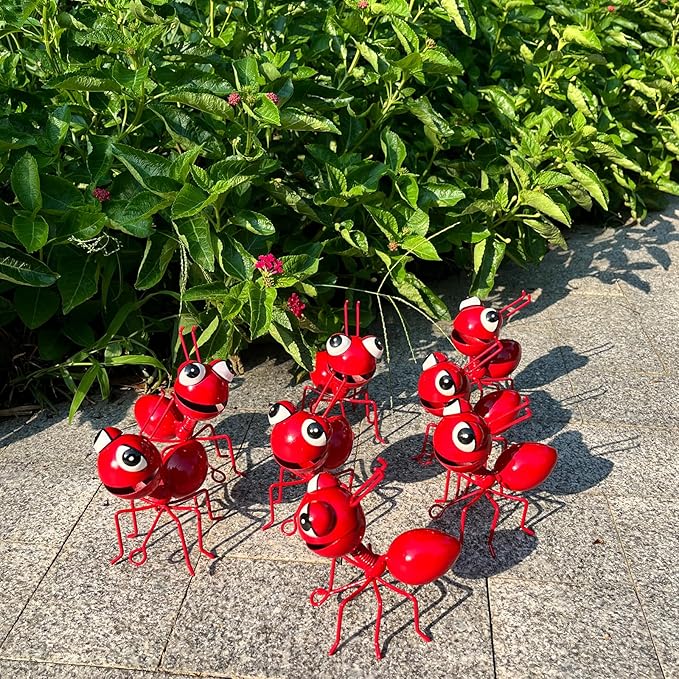Metal Yard Art Garden Decor for Outside Cute Ants Yard Decorations Outdoor Lawn Ornaments Backyard Gifts for Mom - Set of 8（All Red）
