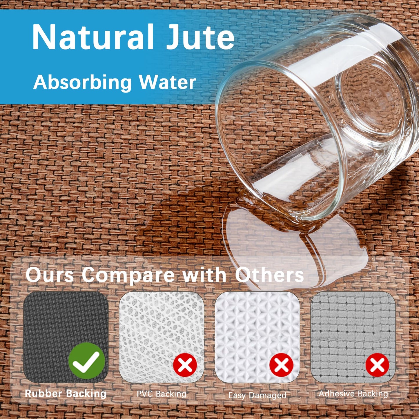 20ft Natural Jute Hallway Runner Rug Non Slip Washable, Rubber Backed Long Khaki Indoor Entryway Runner, Absorbent Kitchen Carpet Sink Rug