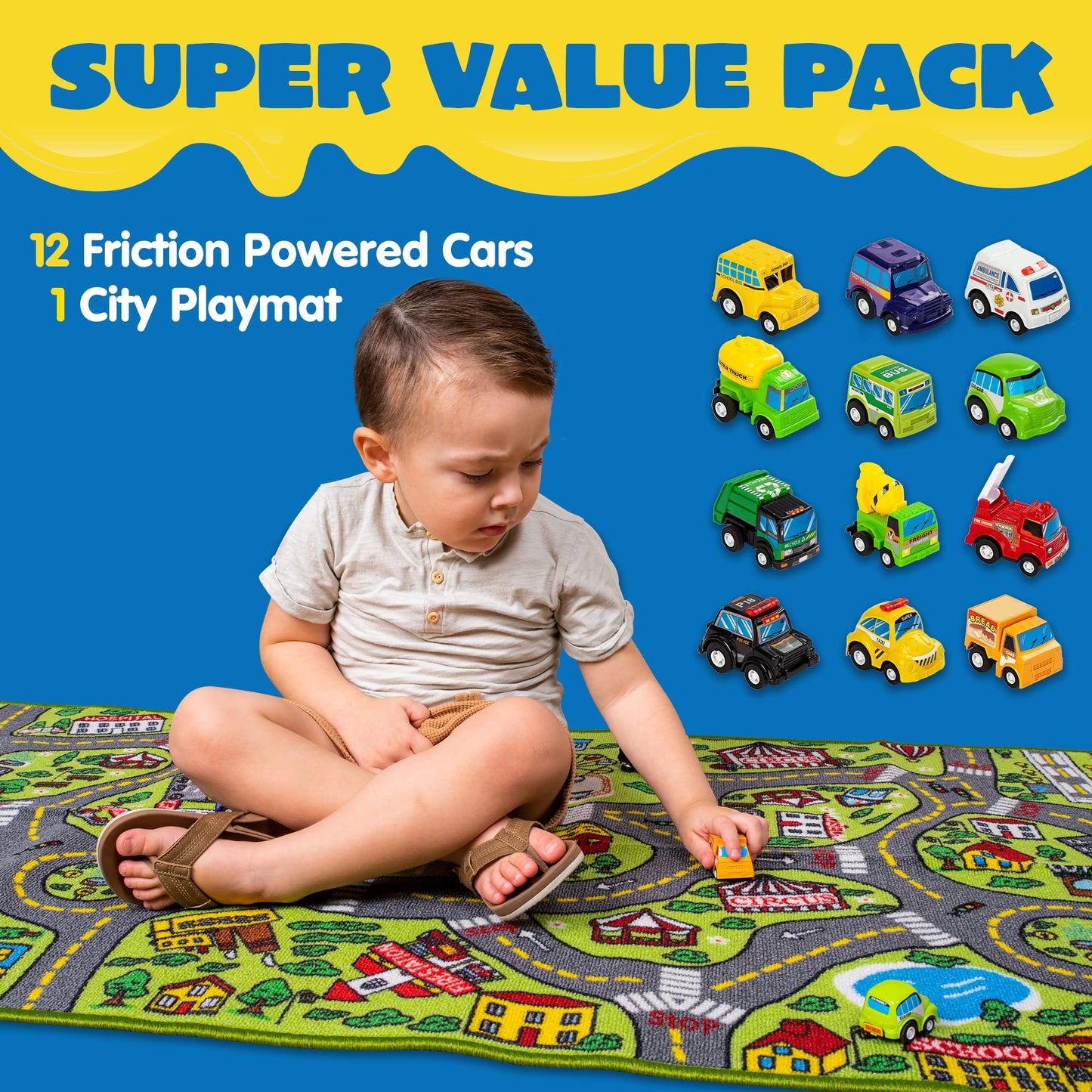 JOYIN Kids Play Rugs - 12 Pull-Back Vehicle Set - Durable Carpet Playmat Rug - City Pretending Play - Toddler Car Track Rug