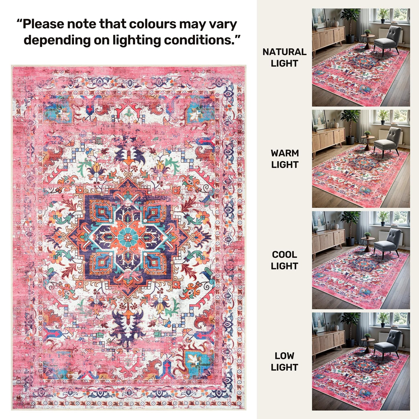 GLN Rugs Bohemian - Serik - Machine Washable Area Rug, Boho Washable, Non Slip, Low Pile Chenille Area Rug, Living Room, Bedroom, Kitchen Rug - Easy Clean (6' x 9' Pink/Multicolor)