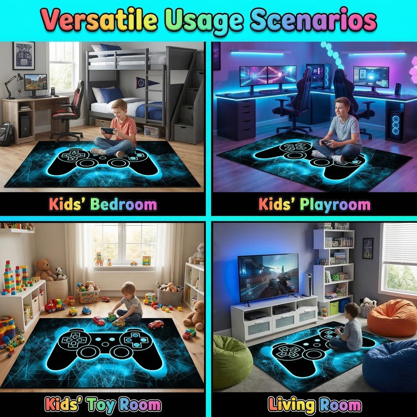 Gaming Rug - Video Game Area Rugs for Boys Teens Gamer Rug for Boys Room Gamer Controller Gamepad Pattern Carpet Floor Mat Bathroom Mat for Livingroom