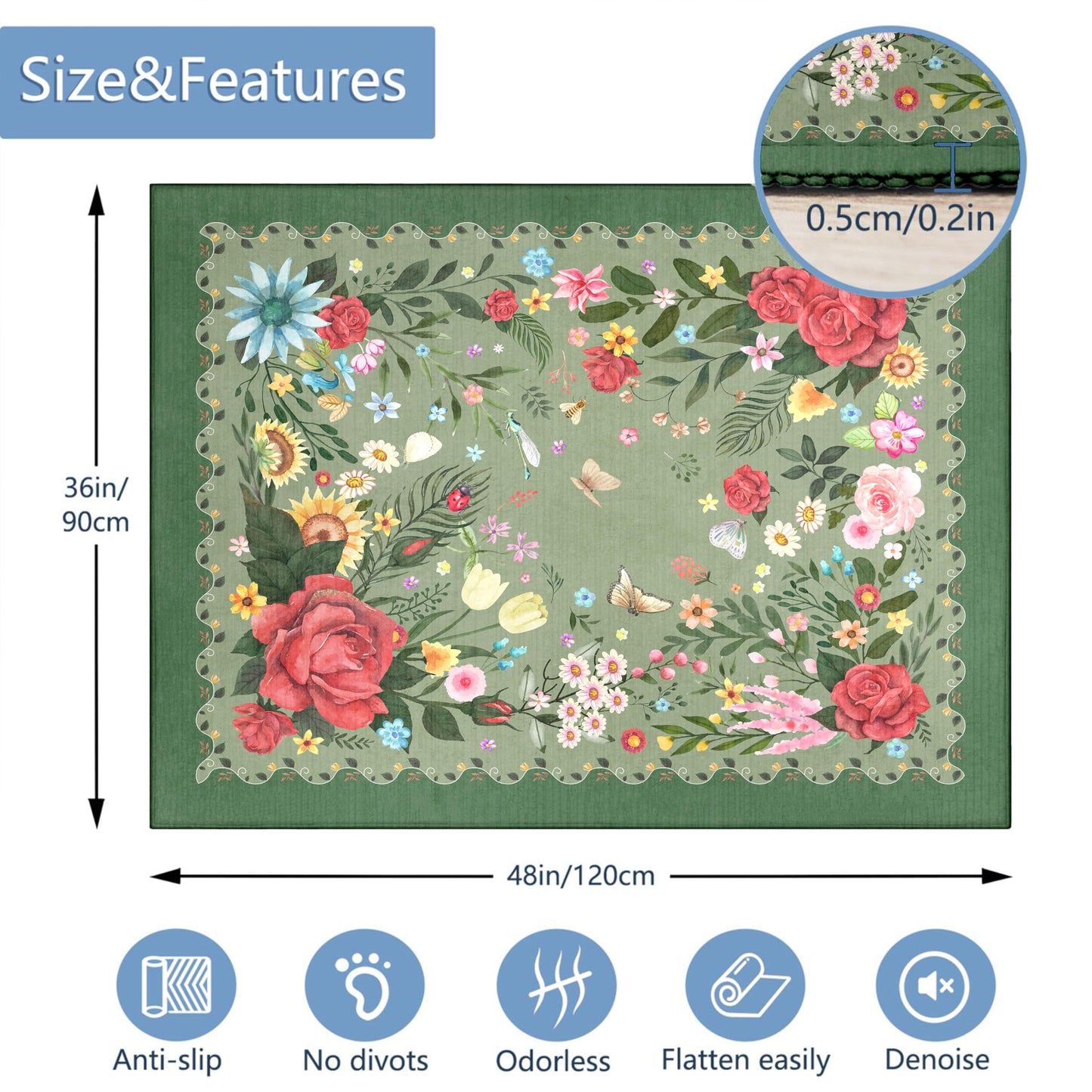 Office Chair Mat,48"x36"Floor Protector,Flowers Desk Chair Mat,Chair Mat for Hard Wood and Tile Floor Chair mats