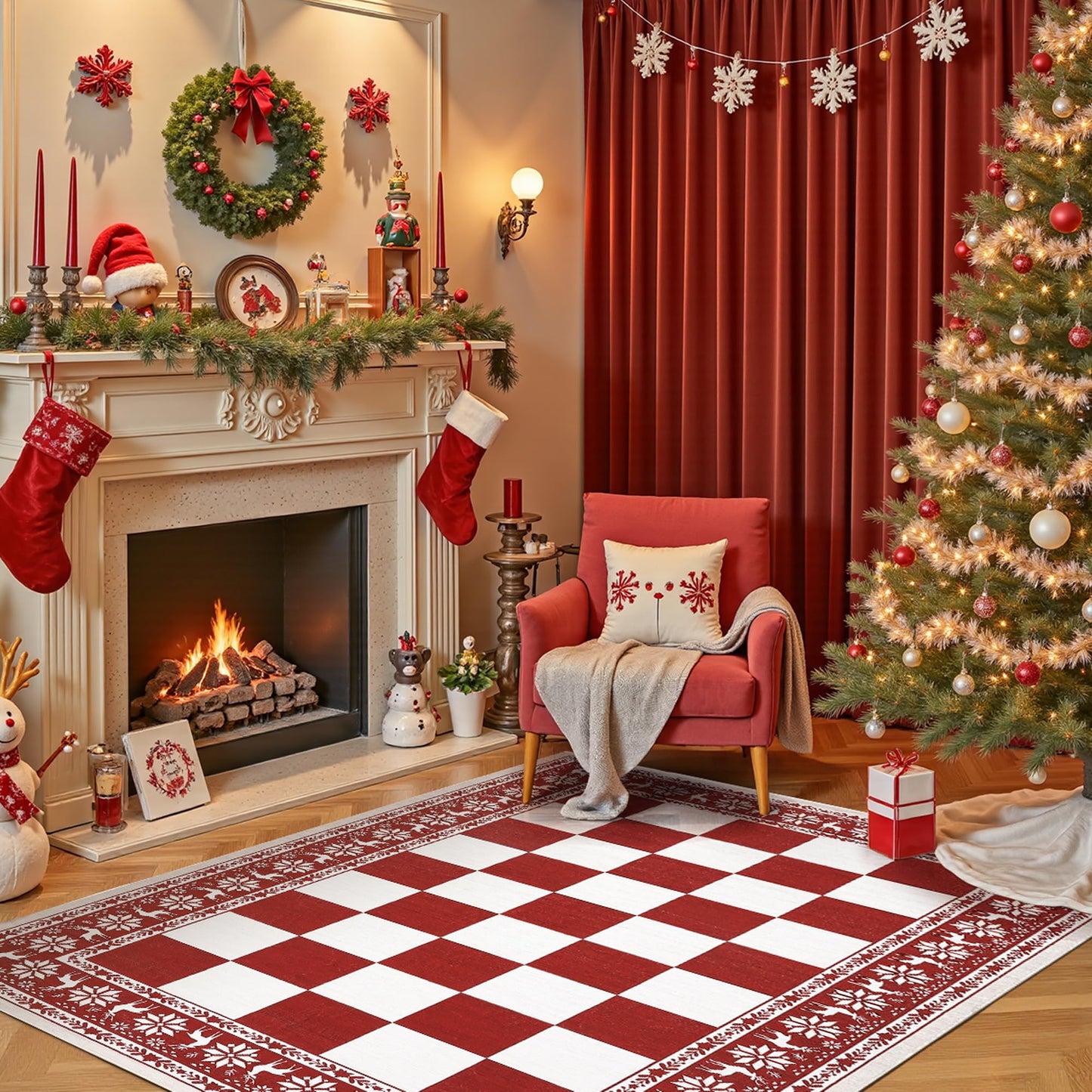 Garvee 4x6 Rugs for Living Room, Checkered Christmas Rugs for Holiday Decor, Non Slip Low Pile Washable Rug for Kitchen, Entryway, Bedroom, Red