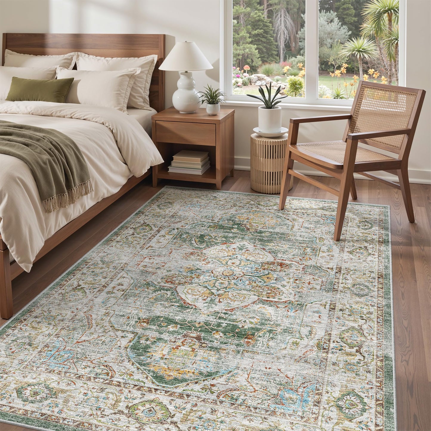 befbee 6x9 Area Rugs for Living Room - Stain Resistant Non-Slip Backing Machine Washable Rugs for Bedroom - Boho Persian Large Area Rug (Green, 6'x9')