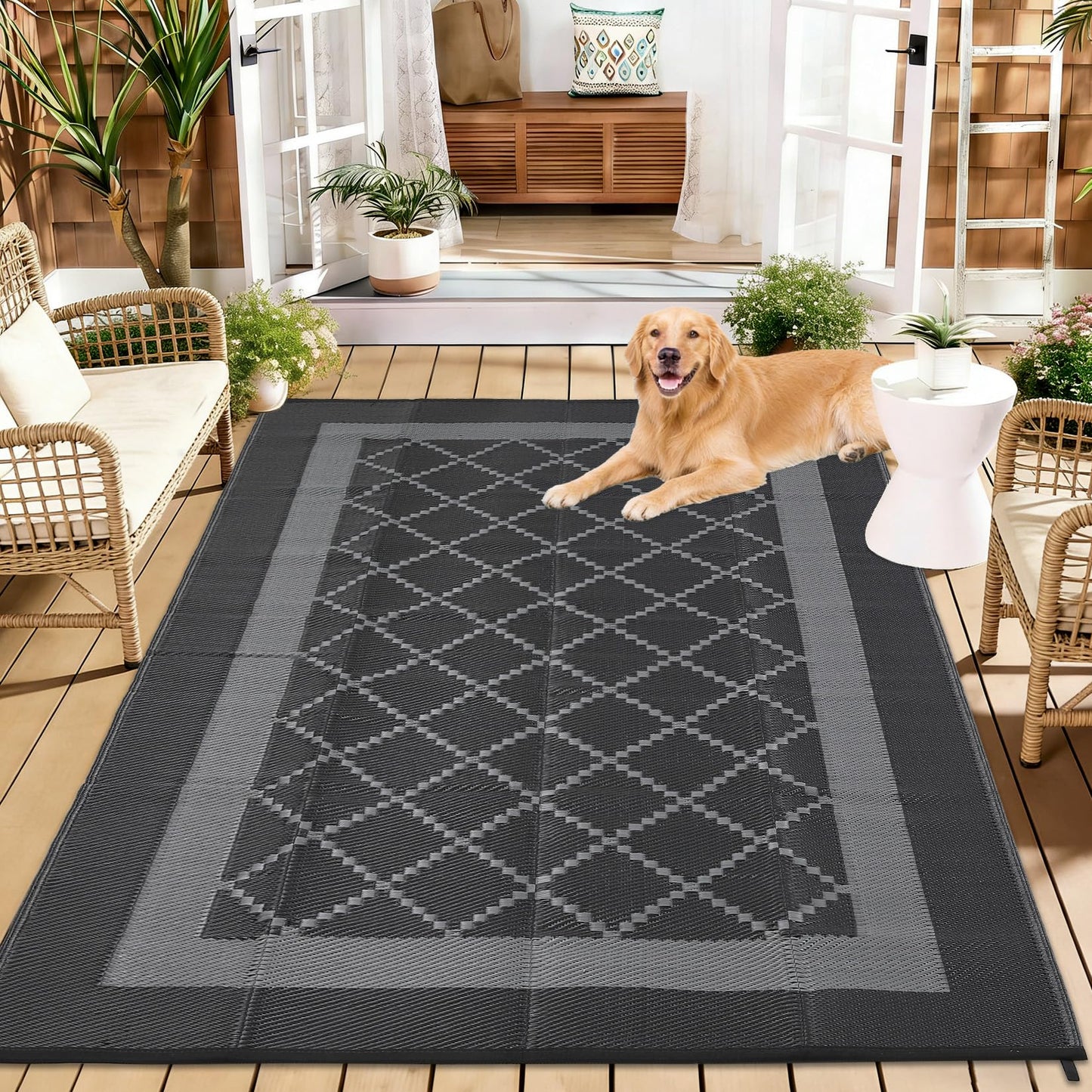 LUXLOOM 8x10 Outdoor Rug Waterproof Portable Plastic Straw Reversible Rugs with Carry Bag & Stakes, UV-Resistant Lightweight Outdoor Carpet Foldable Camping Mat for Patio RV Backyard Picnic Black Grey