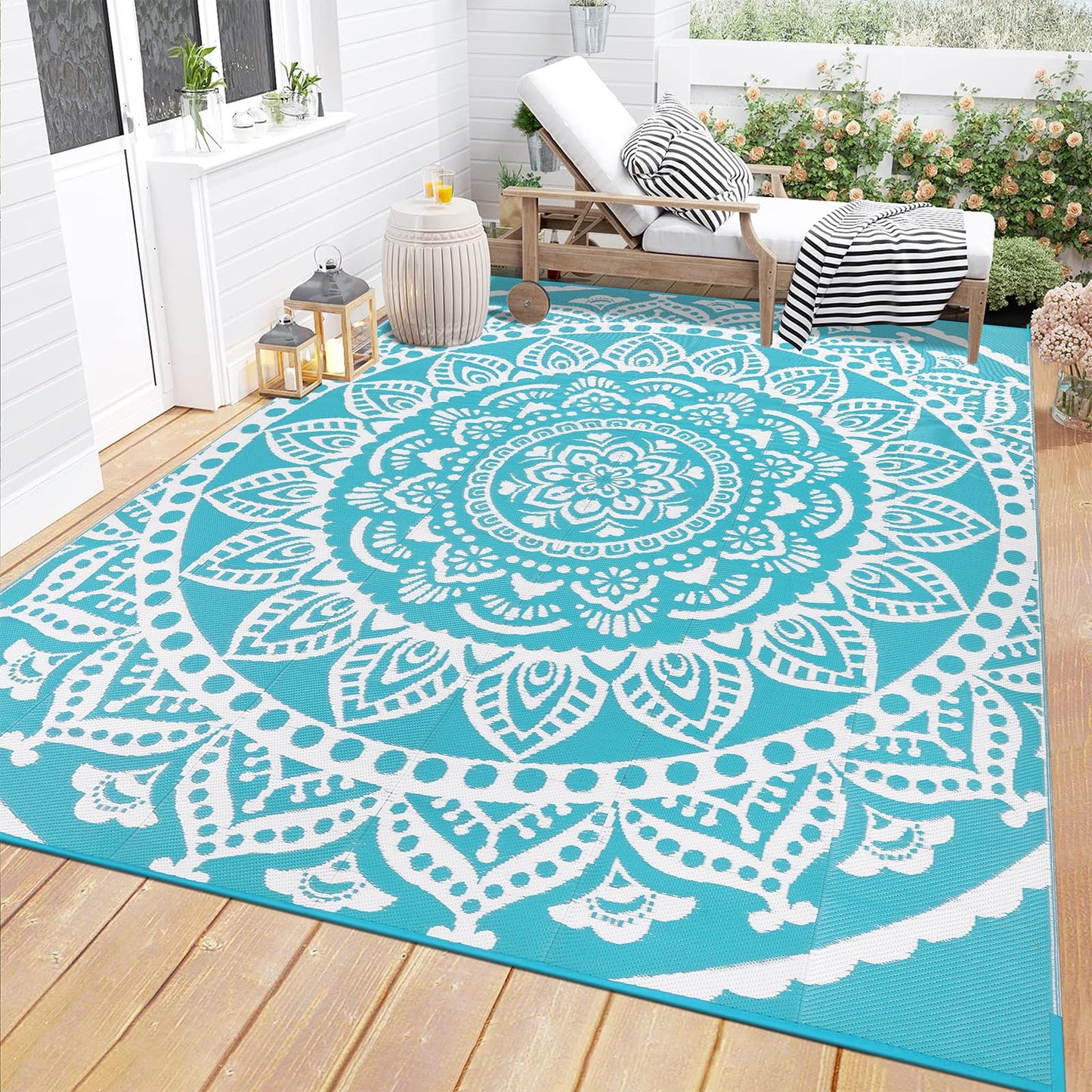 Bsmathom Waterproof Outdoor Rug 6'x9' Reversible Boho Plastic Straw Patio Deck Camping Rugs, Indoor Outdoor Portable RV Mat Clearance Carpet for Outside, Porch, Balcony, Backyard, Beach, Pool,Teal