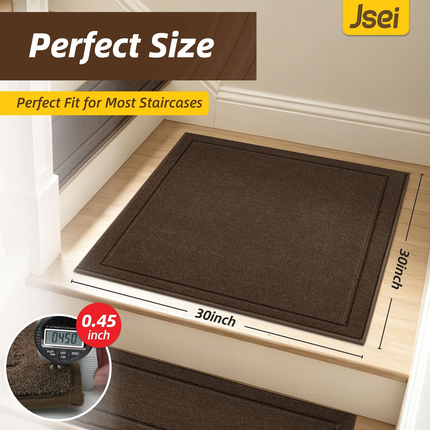 JSEI Edging Stair Treads Non-Slip Corner Indoor Stair Runners for Wooden Steps, 1 Pack 30" X 30" Landing Stair Rugs Mat for Kids and Dogs, 100% Polyester, Brown