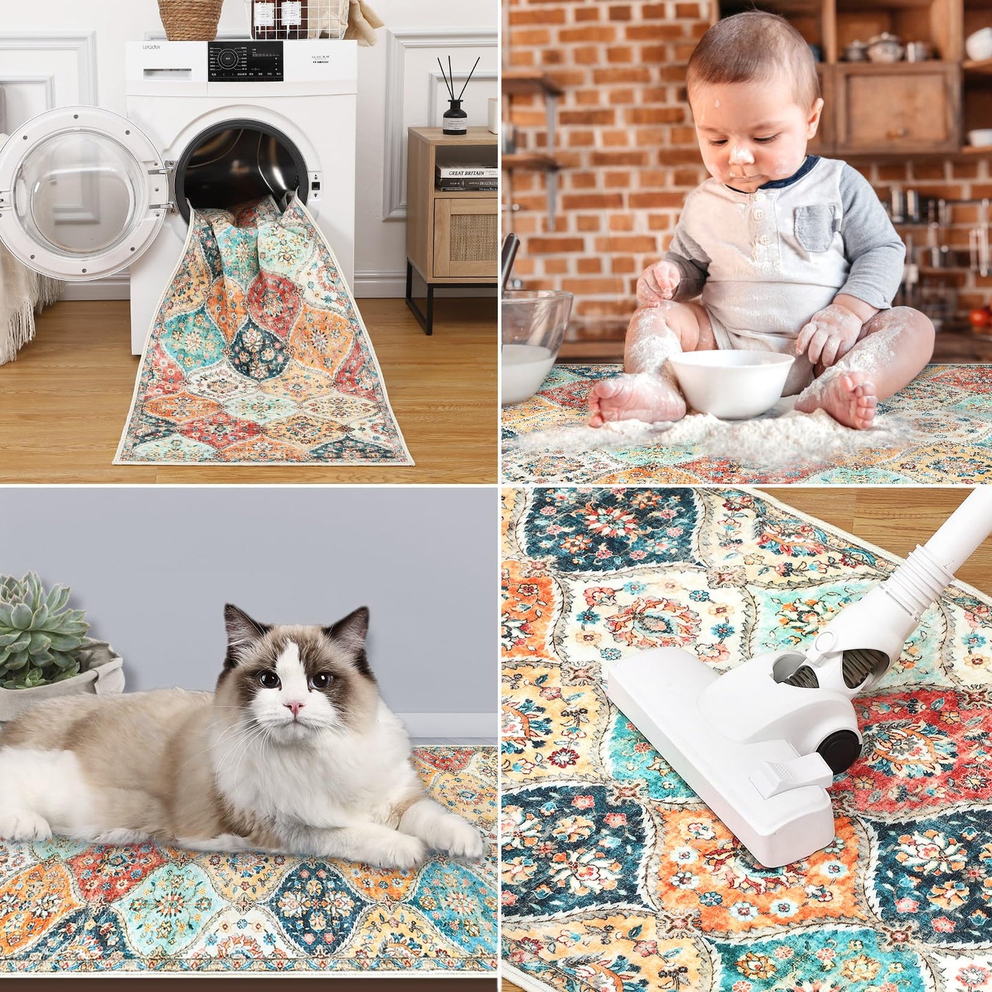 ROYHOME Runner Rug Washable Moroccan Trellis Hallway Runner Rug Entryway Rug, Stain Resistant Non-Slip Vintage Distressed Bedroom Rug Runner Entrance Carpet for Laundry Kitchen, Cream, 2' x 6'