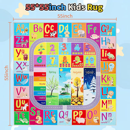 UKISS ABC Kids Rug,Toddler Educational Play Rug for Learning Alphabet, Numbers, Colors, Seasons and Animal Words,55"x55"Washable Classroom Area Rugs,Non-Slip Kids Play Mat Carpet for Playroom