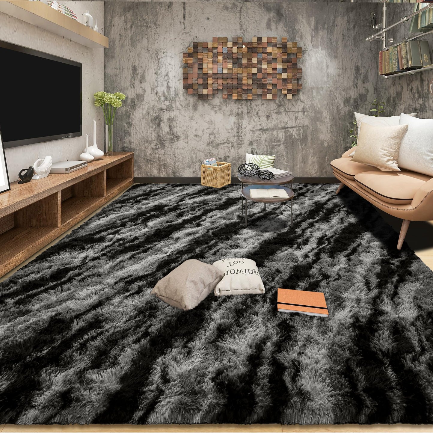 Tepook Soft Fluffy Rugs for Bedroom, 4x6 Area Rug for Living Room, Modern Shaggy Room Rug for Kids Boys Girls, Plush Throw Rugs Indoor Nursery Home Decor Rug with Non-Slip Bottom, Black Grey
