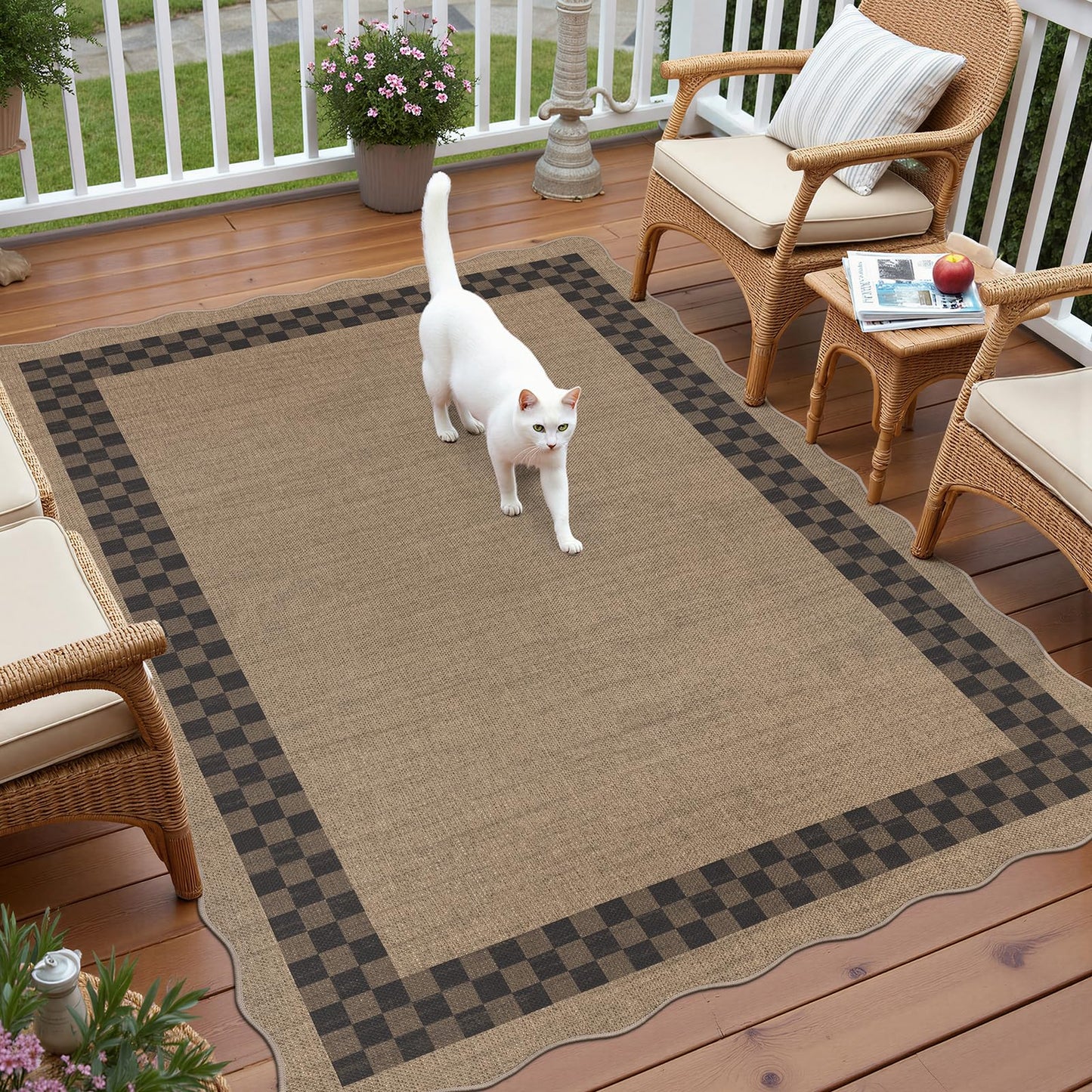 U'Artlines Easy Jute Checkered Area Rug 5x7, Washable Non Slip Indoor Outdoor Rug, Low Pile Non Shedding Farmhouse Carpet for Entryway Patio Backyard Kitchen Living Room Bedroom (Checked)