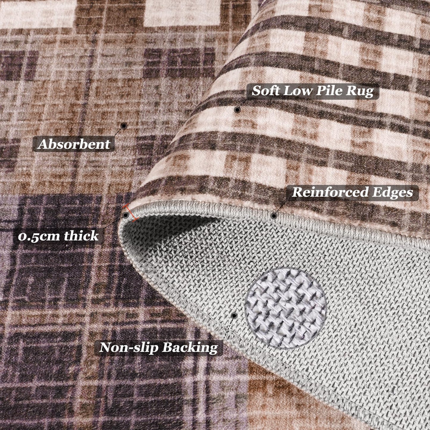 Rezutan Washable 2x6 Runner Rug, Hallway Modern Plaid Non Slip Soft Rugs Caramel Brown Grey Chocolate Geometric Checkered Kitchen Low Pile Non-Shedding Foldable Runners for Entryway Laundry Bedside