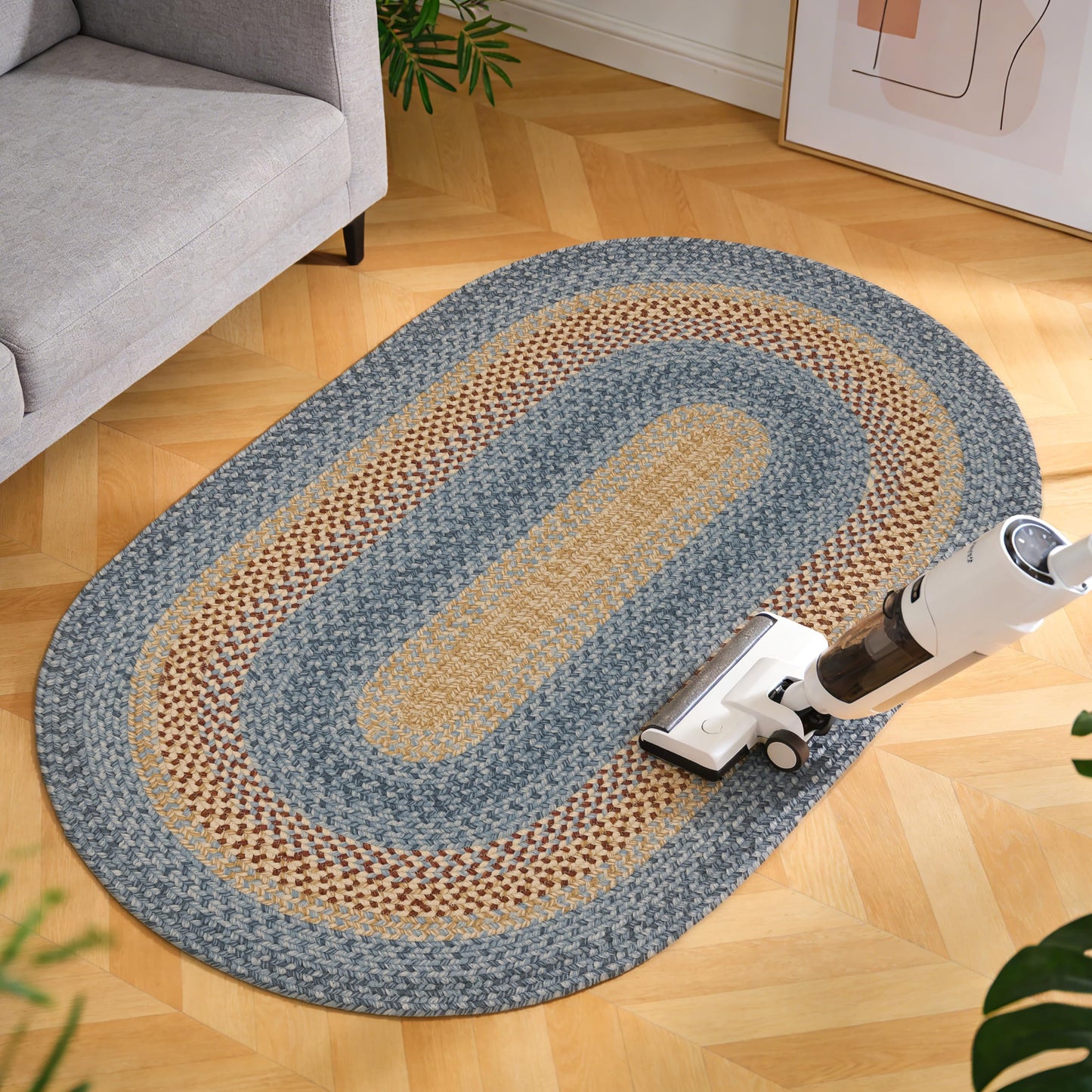 RCTJHOME 2'x6' Oval Braided Runner Rug, Long Hallway & Kitchen Farmhouse Rug, Door Mat with Anti-Slip Pads for High Traffic Areas Without Rubber Rope Rug,Natural, Rust, Blue