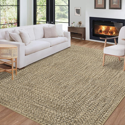 ROYHOME Washable Area Rug 5x7 Print Braided Machine Washable Rug Solid Printed Textured Carpet Stain Resistant Non-Slip Farmhouse Floor Cover for Living Room Dining Bedroom Decor, Linen