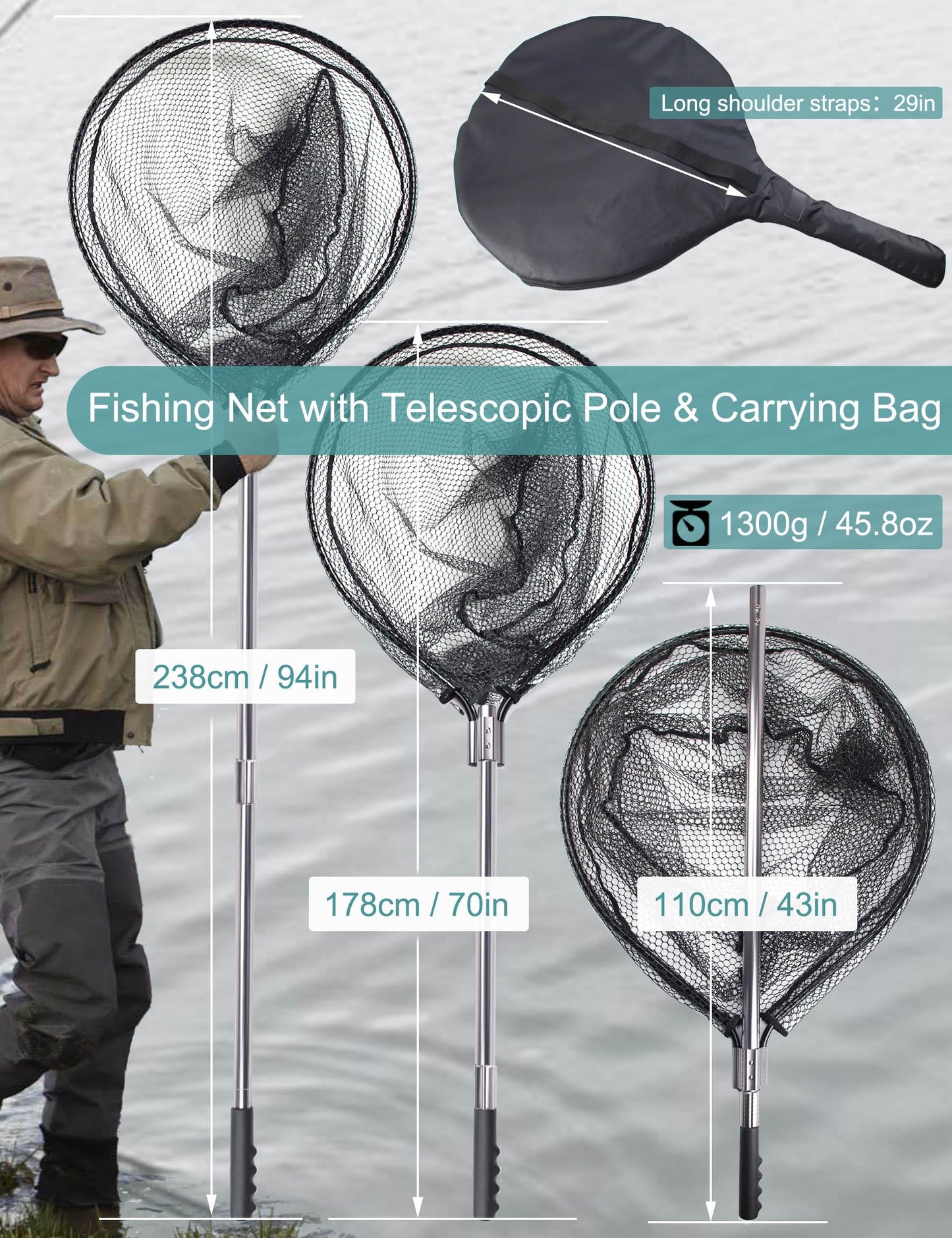Avlcoaky 94" Telescopic Fishing Landing Net - Heavy-Duty Aluminum Handle with Non-Snag Rubber Coated Mesh, Extra Large Fishing Net for Saltwater Boat Fishing