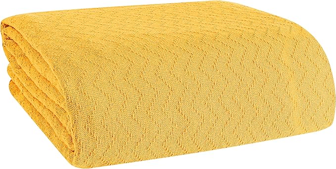 BELIZZI HOME 100% Cotton Bed Blanket, Breathable Thermal Blanket Twin Size, Soft Chevron,Perfect for Layering Any All Season, Mustard Yellow (60*90inch)
