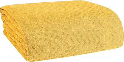 BELIZZI HOME 100% Cotton Bed Blanket, Breathable Thermal Blanket Full -Queen Size, Soft Chevron 90 inch x90 , Perfect for Layering Any All Season, Mustard Yellow
