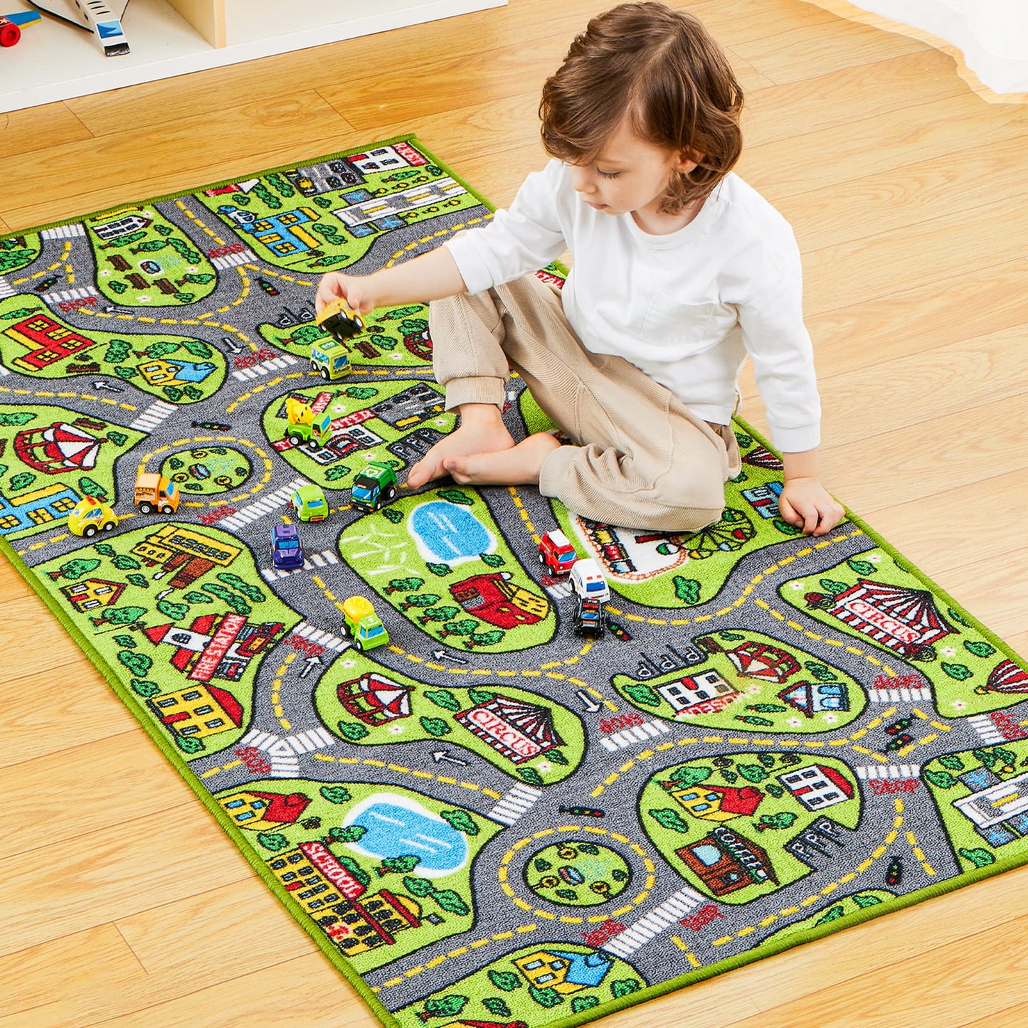 JOYIN Kids Play Rugs - 12 Pull-Back Vehicle Set - Durable Carpet Playmat Rug - City Pretending Play - Toddler Car Track Rug
