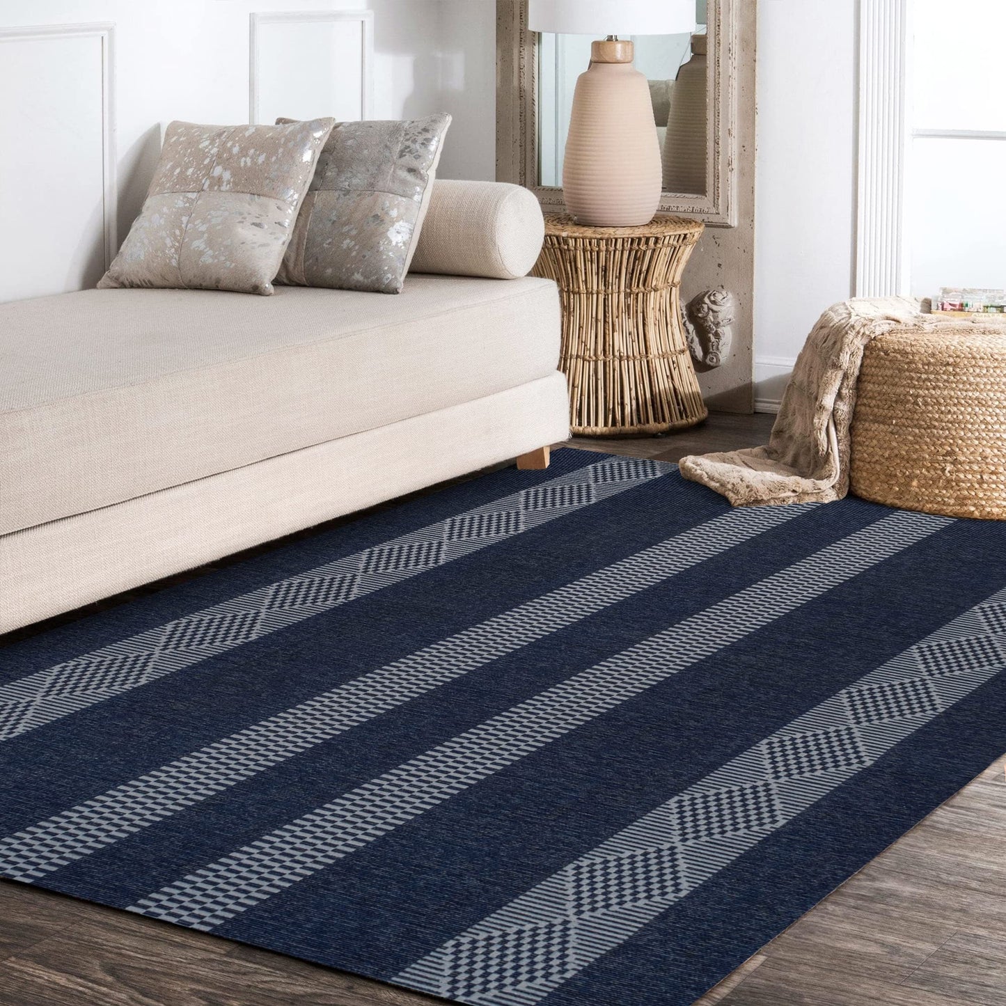 JONATHAN Y Machine Washable Navy/Gray Indoor Area Rug 4X6 ft, Nautisk Trellis Stripe for Living Room, Bedroom, Kitchen, Office, Easy-Cleaning, High Traffic, Pet-Friendly, Non-Shedding (WSH120A-4)
