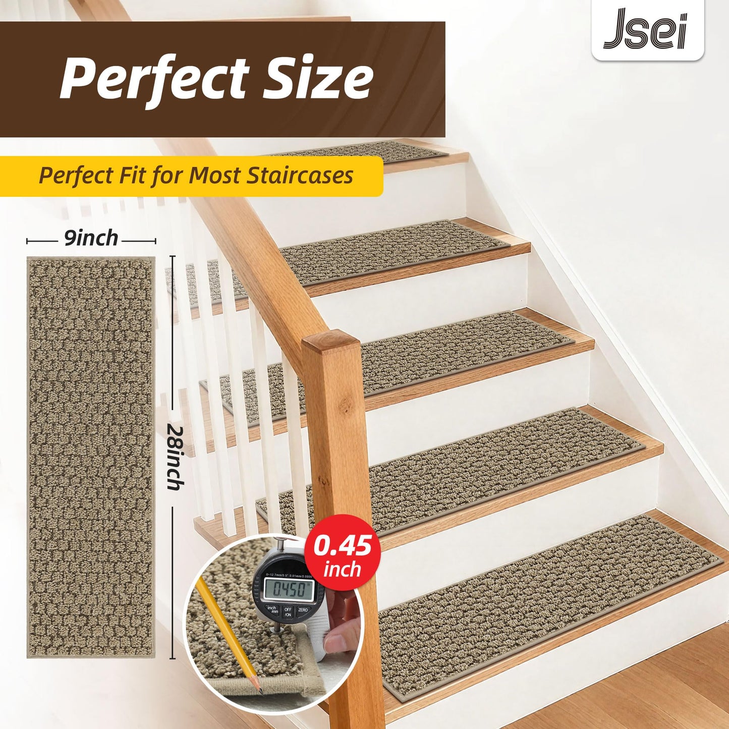 JSEI Stair Treads for Wooden Steps, 14 Pack 9" X 28" Non-Slip Machine Washable Carpet Stair Treads with TPE Backing, Soft Indoor Stair Rug Runner for Kids Elders & Pets, 100% Polyester, Beige