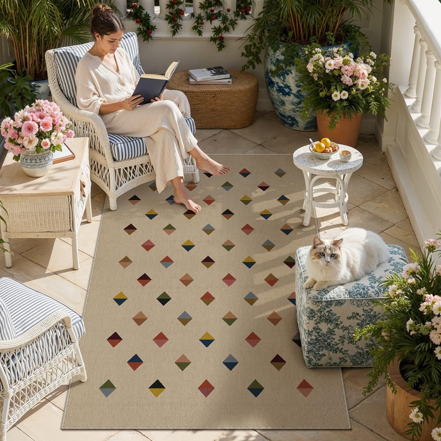 HUGEAR 3x5 Jute Outdoor Indoor Checkered Rug Washable Linen Textured Weave High Traffic Stain Resistant Non Slip Durable Carpet for Patio Deck Balcony Courtyard (Rainbow, 3' x 5')